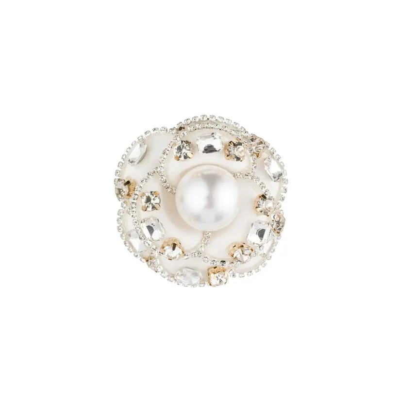 Dark Vintage Flower Brooch w/ Crystals & Pearls White