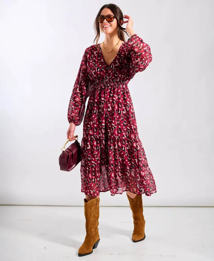 Needs No Label Red Leopard Tiered Chiffon Midi Dress