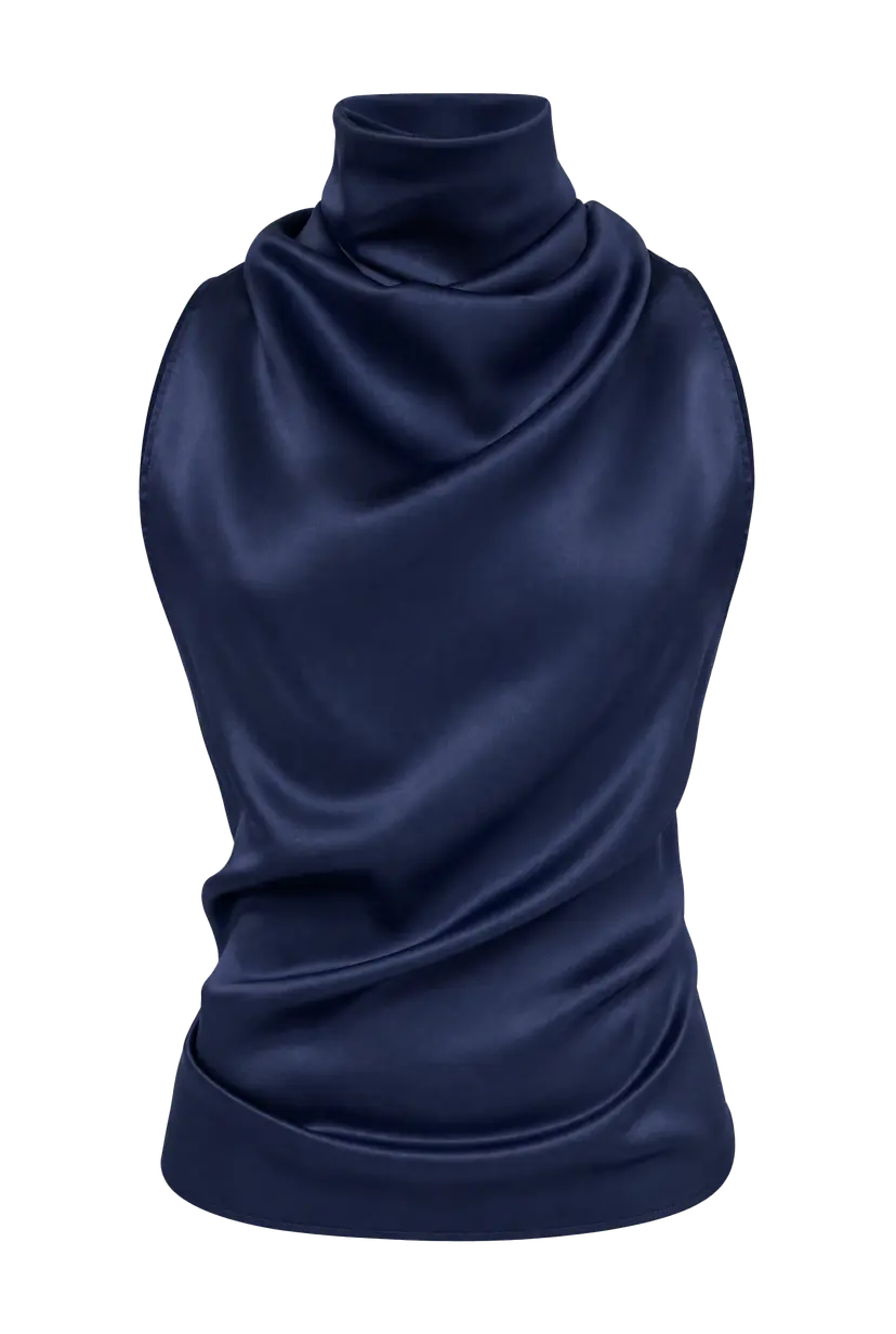 MURLONG CRES Helena High-Neck Silk Halter Top Navy, XS-S