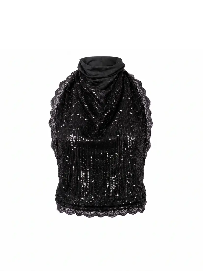 MURLONG CRES Helena Sequin Halter Top with Silk Details Black, XS-S