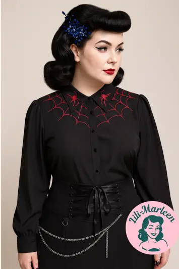 Lili Marleen Dark-side - Halloween: Inga skjorte, sort med edderkopper - rød