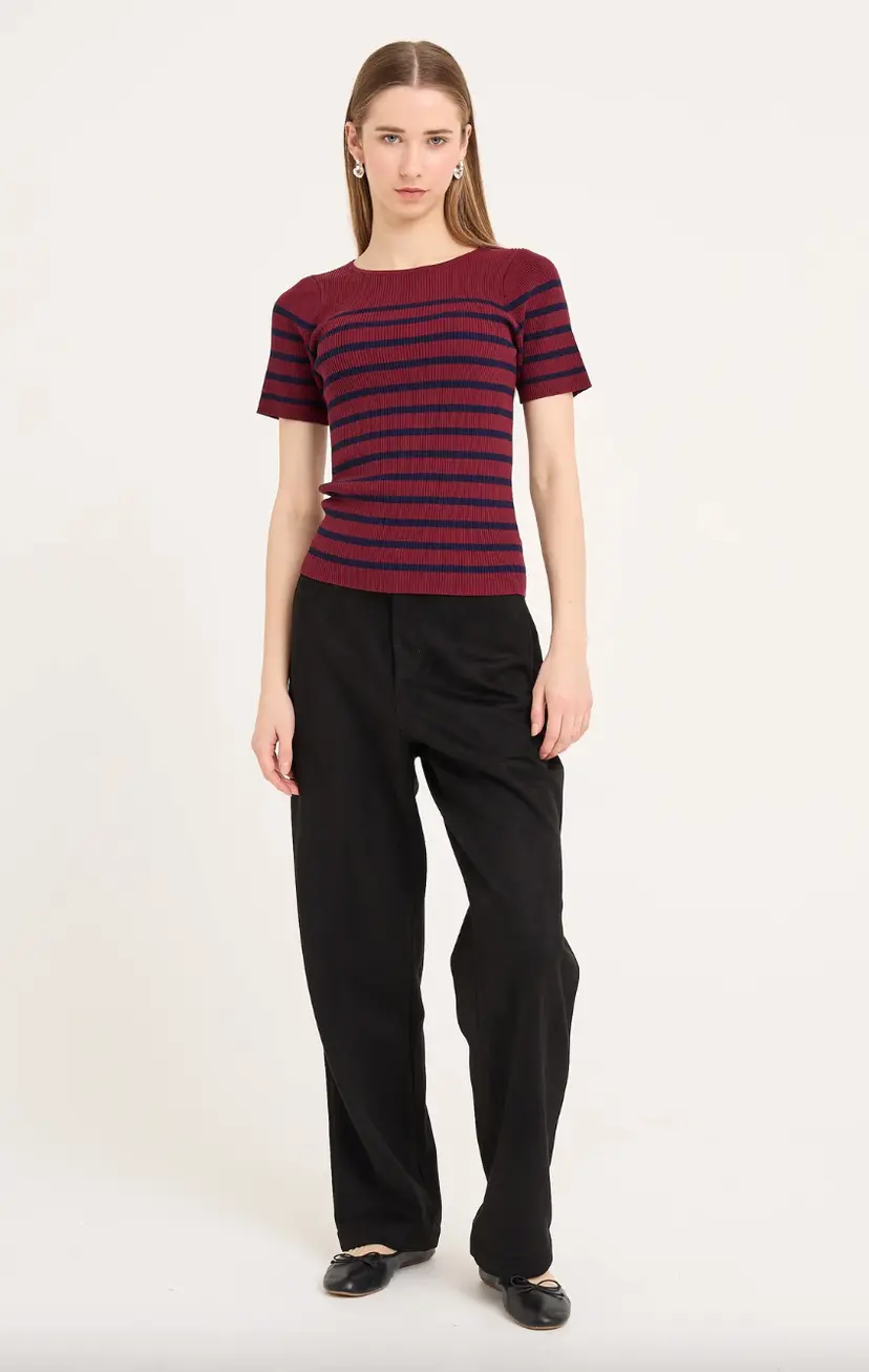 A-View Rib Stripe Short Sleeve Top