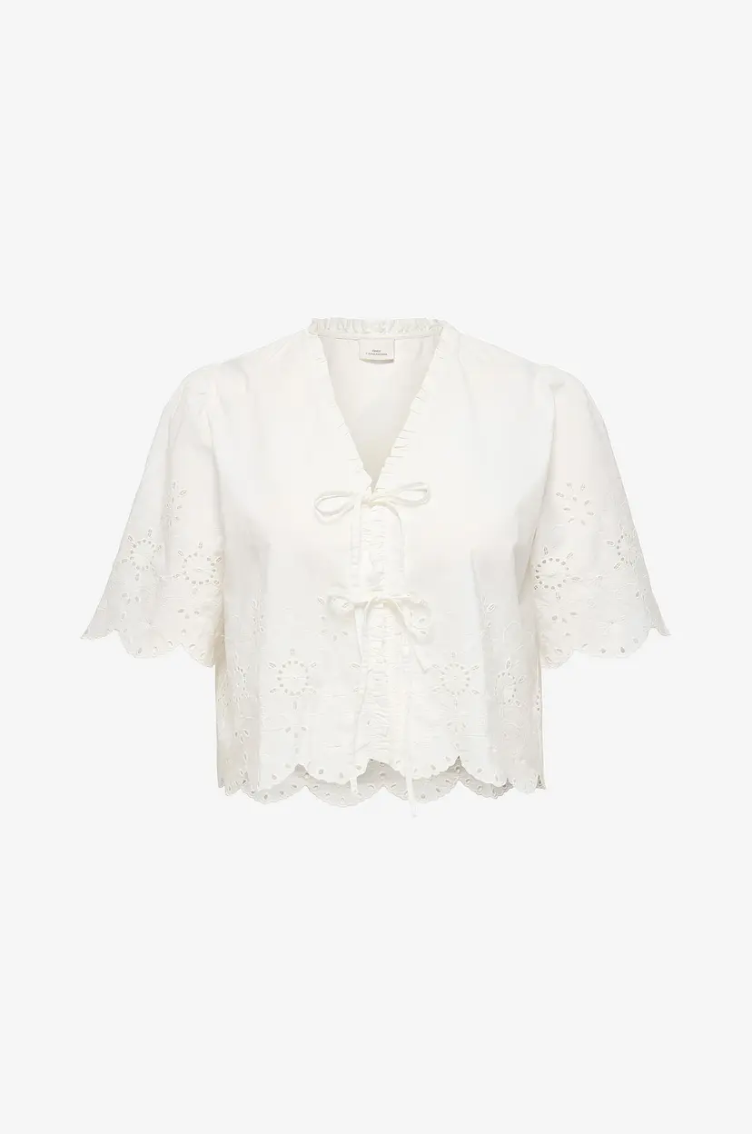 Only Carmakoma Bluse carMiffy S/S Emb Tie Top OS Wvn - Hvit