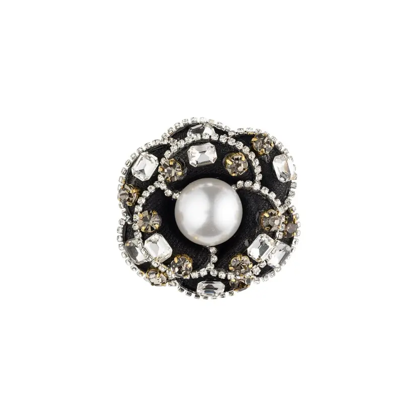 Dark Vintage Flower Brooch w/ Crystals & Pearls Black