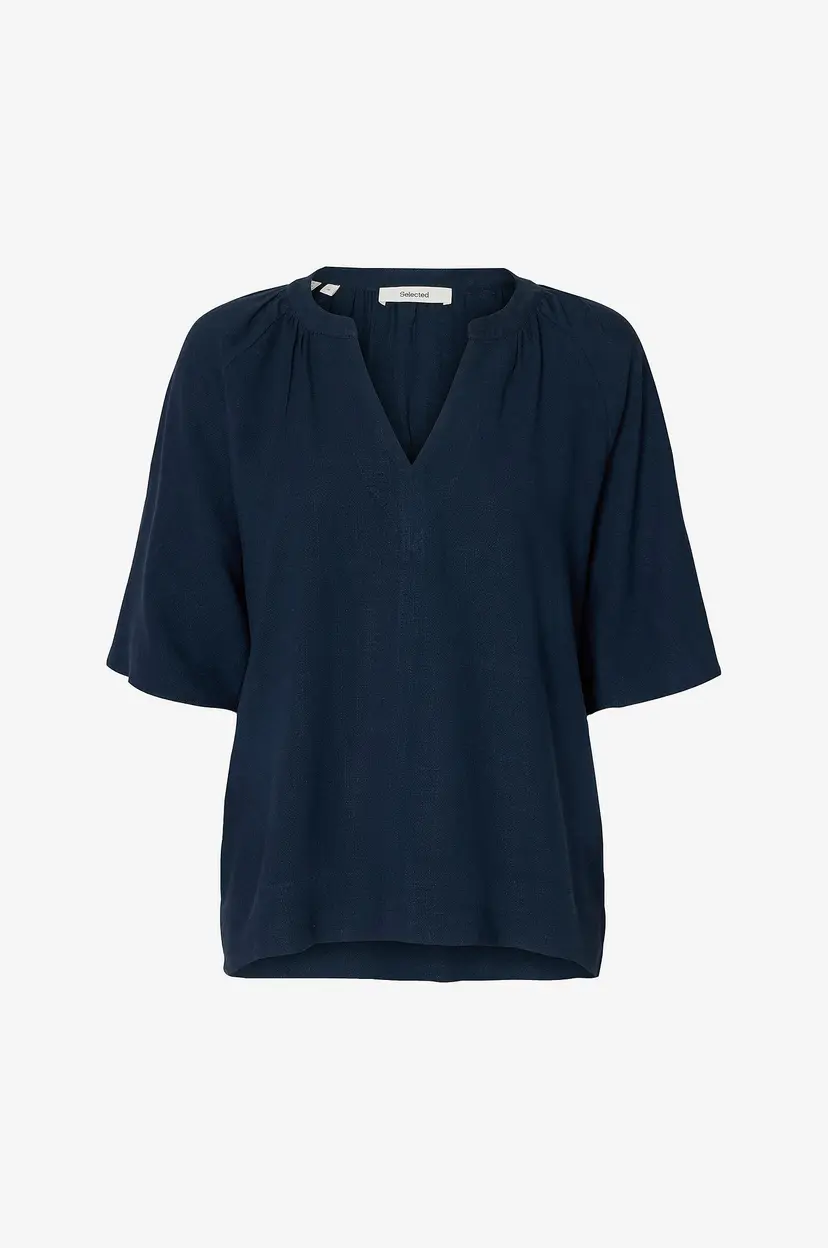 Selected Women Bluse slfViva 2/4 V-neck Linen Blend Top - Blå