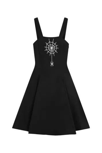 Lili Marleen Spencer kjole; Miss Spiderweb - sort med Halloween print og snørre