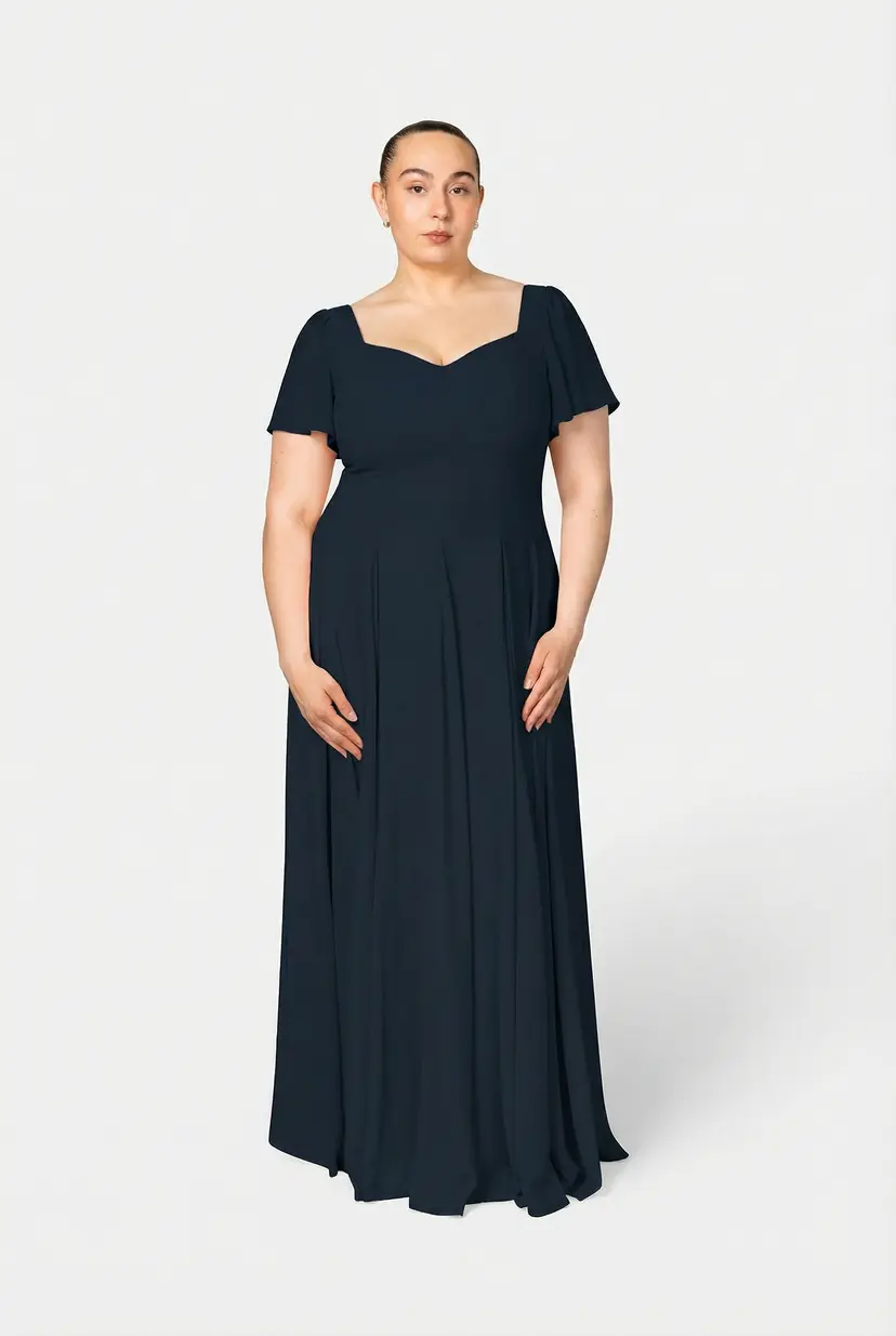 MurlongCres. Alette Maxi Dress Flutter Sleeves – Navy Bridesmaid & Wedding Guest Dress, XXS