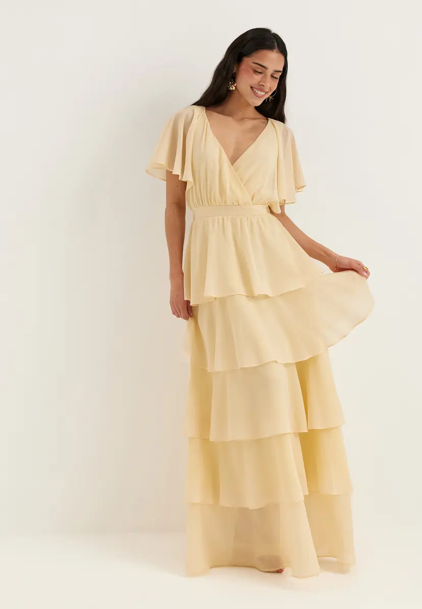 Goddiva Flutter Chiffon Tiered Maxi Dress