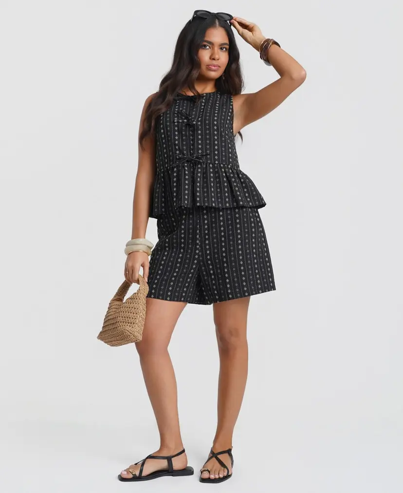 Needs No Label Black Floral Tie Front Peplum Co-ord Top