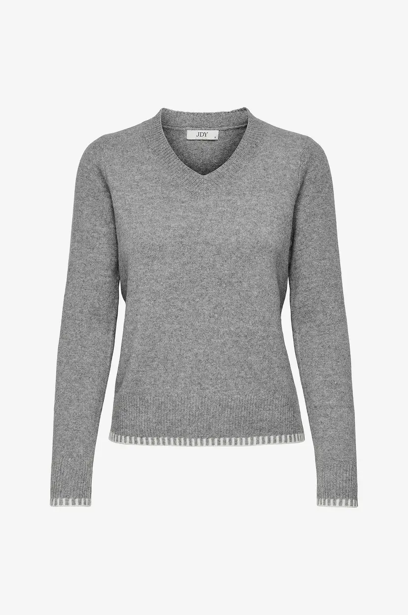 JDY Genser jdySage L/S V-neck Contrast Hem Pul - Grå