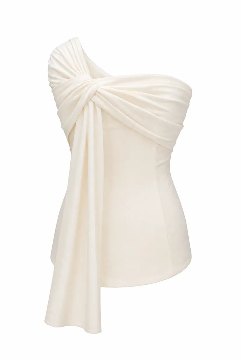 MurlongCres. Marte One Shoulder Draped Satin Corset Top Ivory, XXS