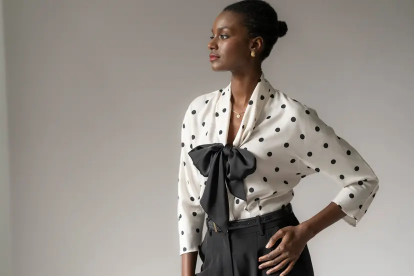 The Shirt Company CELESTE BLOUSE - Ivory/Black Polka Dot With Black Bow, Satin Crepe