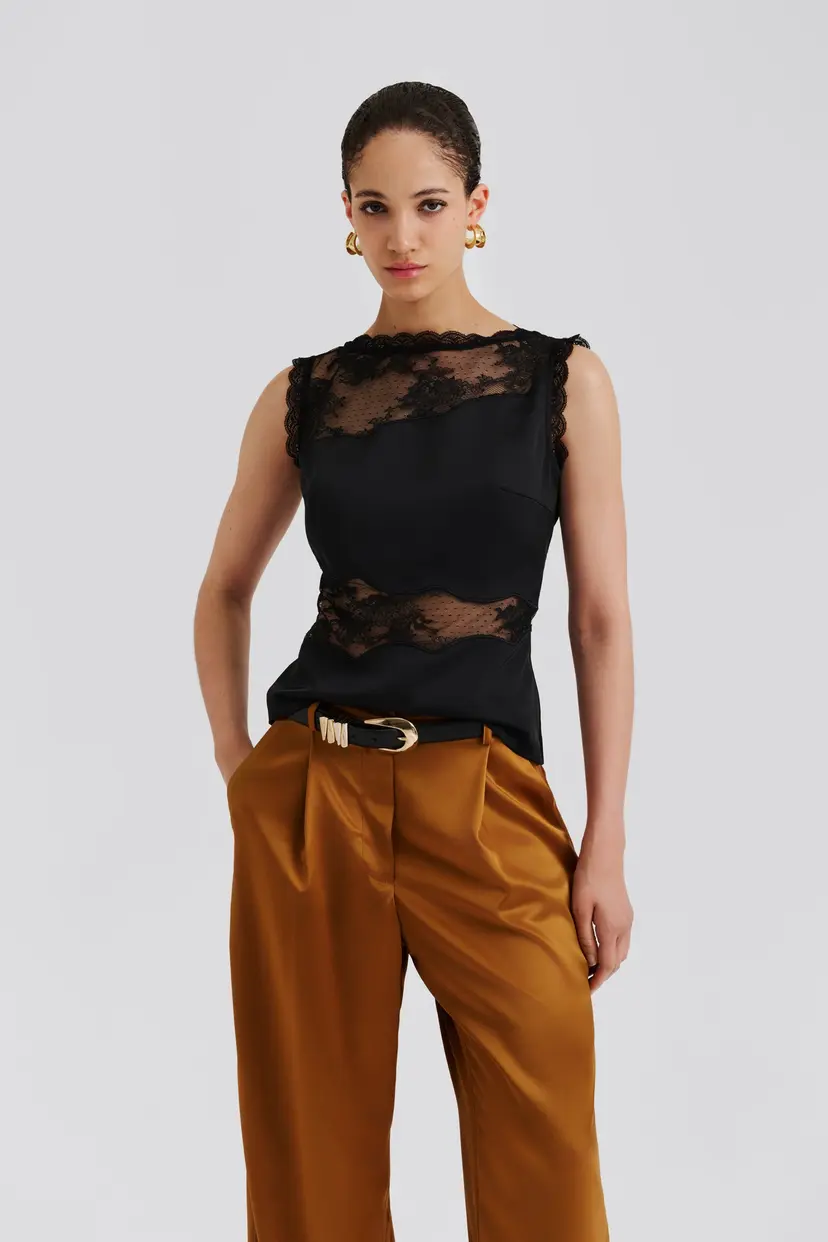 Malina Desire Lace Trimmed Cut Out Top Black - XS