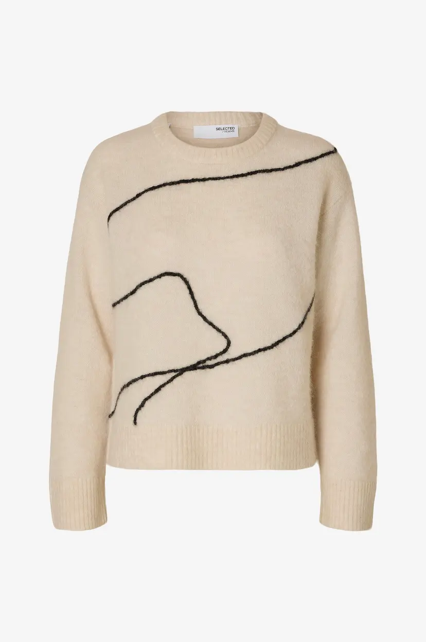 Selected Women Genser slfSia Ras LS Knit Artwork O-neck - Beige