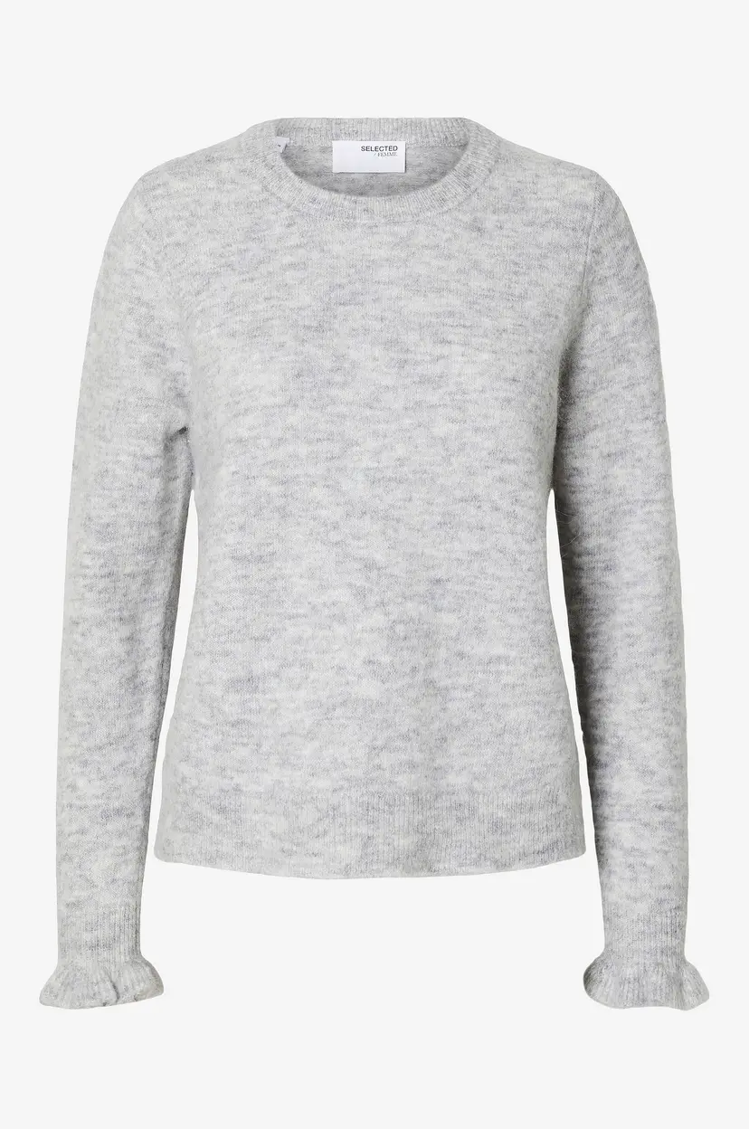 Selected Women Genser slfLulu LS Knit Frill Cuff O-neck N - Grå