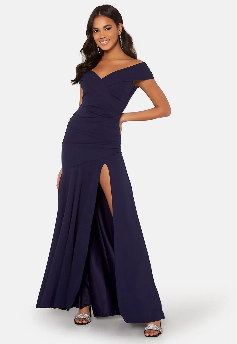 Goddiva Bardot Pleat Maxi Split Dress