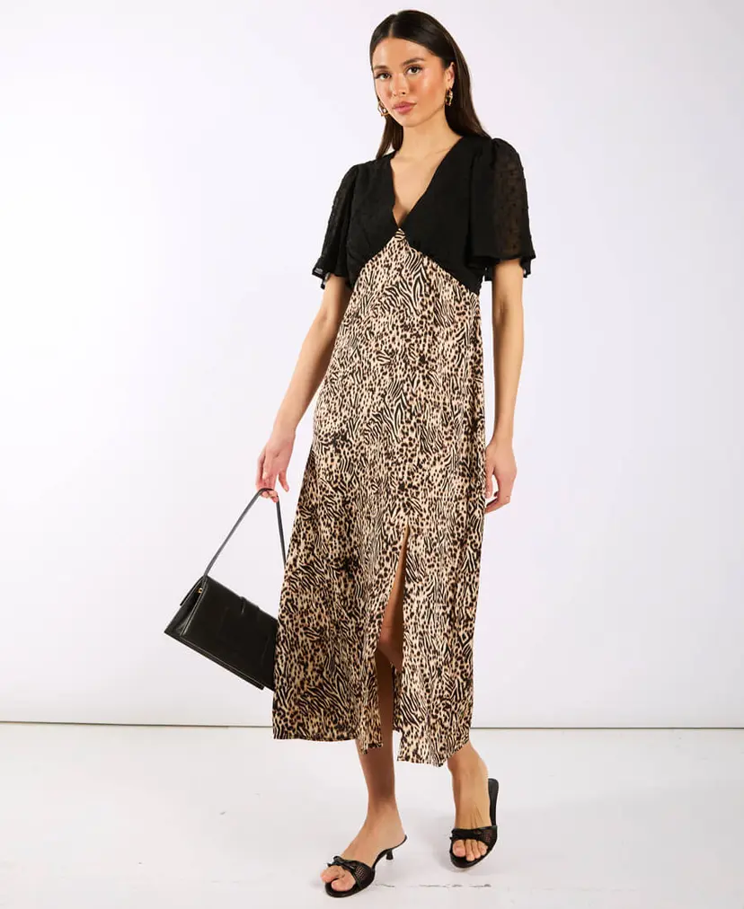 Needs No Label Animal Satin Mix Flutter Sleeve Midi Dress