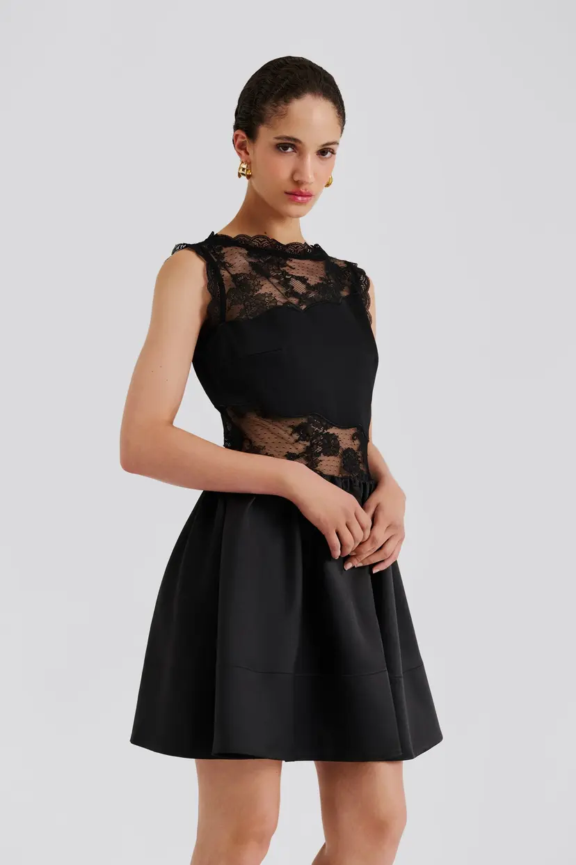 Malina Rosy Lace Trimmed Cut Out Mini Dress Black - XS