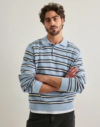 Jack & Jones Jack & Jones Jorniagara Knit Stripe Polo Langermet poloskjorte Blå