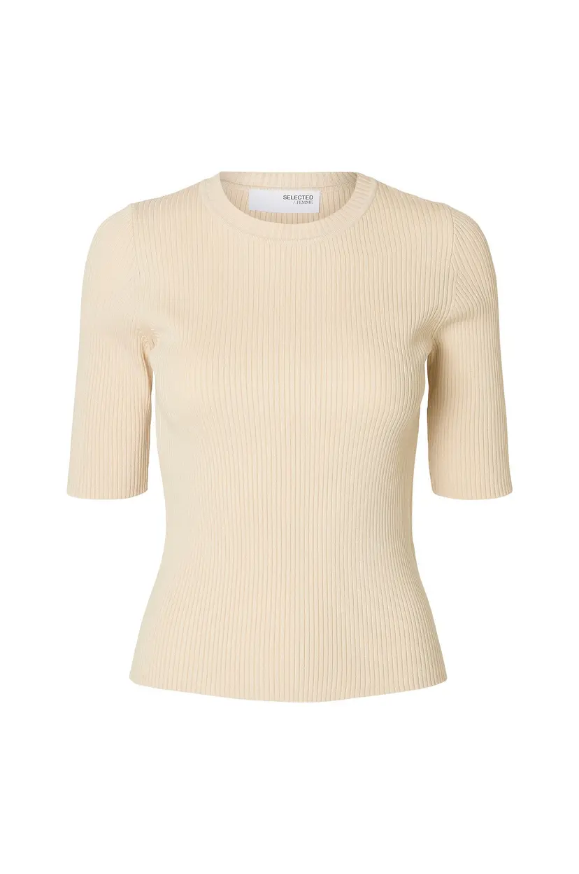 Selected Women Topp slfMali 2/4 Knit O-neck - Beige