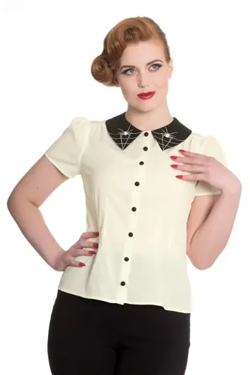Lili Marleen Skjortebluse; Miss Muffet, ivory - sød skjortebluse med spiderweb på kraven