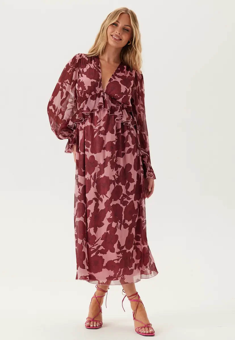 Bubbleroom Occasion Frill L/S Chiffon Midi Dress