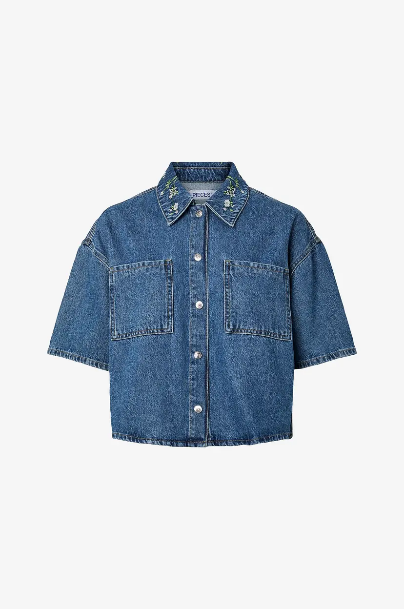 Pieces Denimskjorte pcSky Embroidery 3/4 Denim - Blå