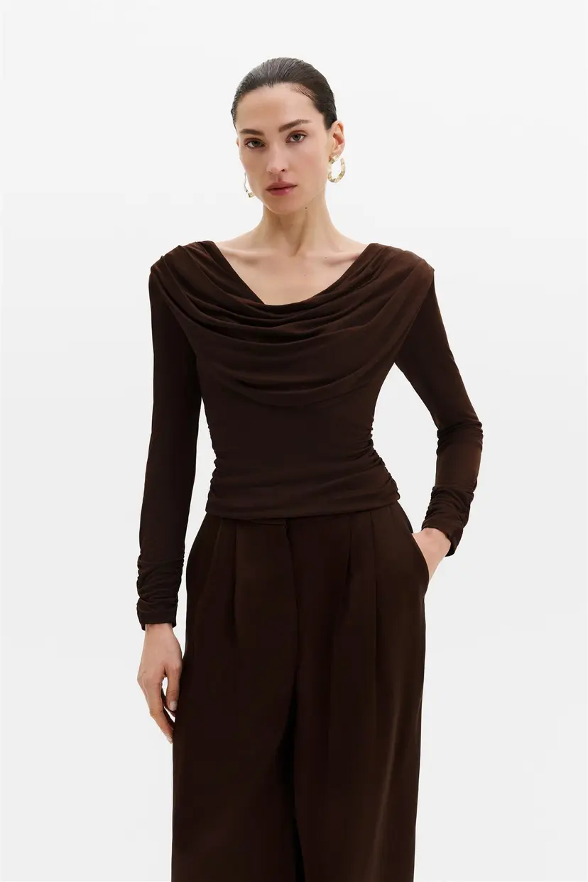Malina Signe Cowl Jersey Top Dark Brown - XS
