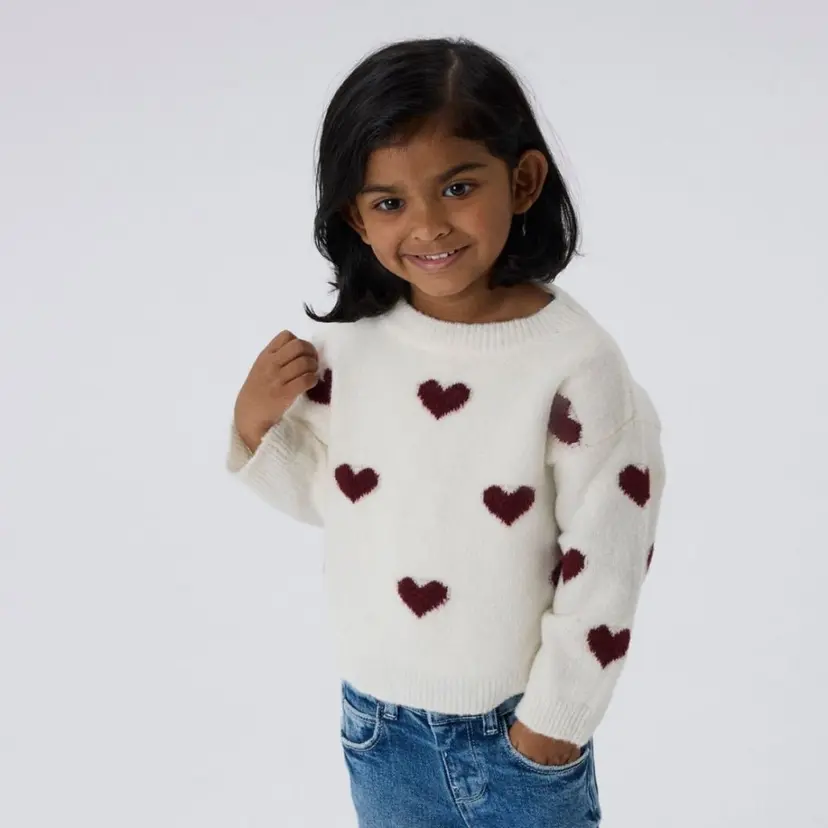 NAME IT Name It - Genser Knit Ona Cloud Dancer Burgundy Hearts