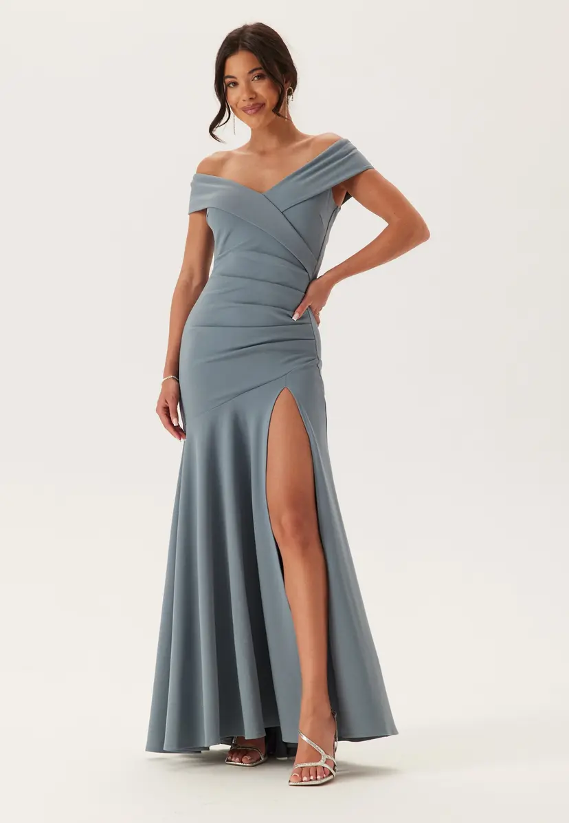 Goddiva Bardot Pleat Maxi Split Dress