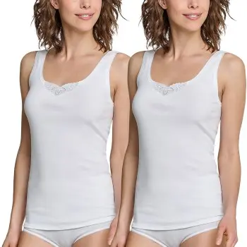 Schiesser Schiesser 2P Essentials Cotton Strap Tops Embroidery Hvit bomull 46 Dame