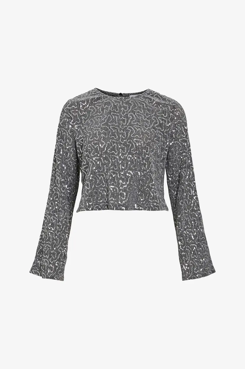 Vila Paljettbluse viSanadu O-neck LS Glitter Cropped - Sølv