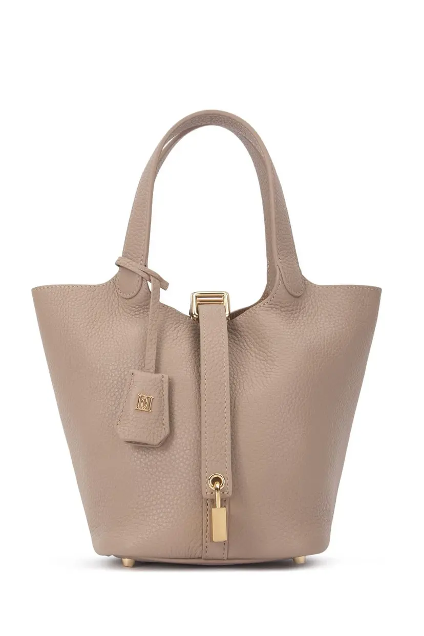 Dark Leather Bucket Bag Mini Dark Sand