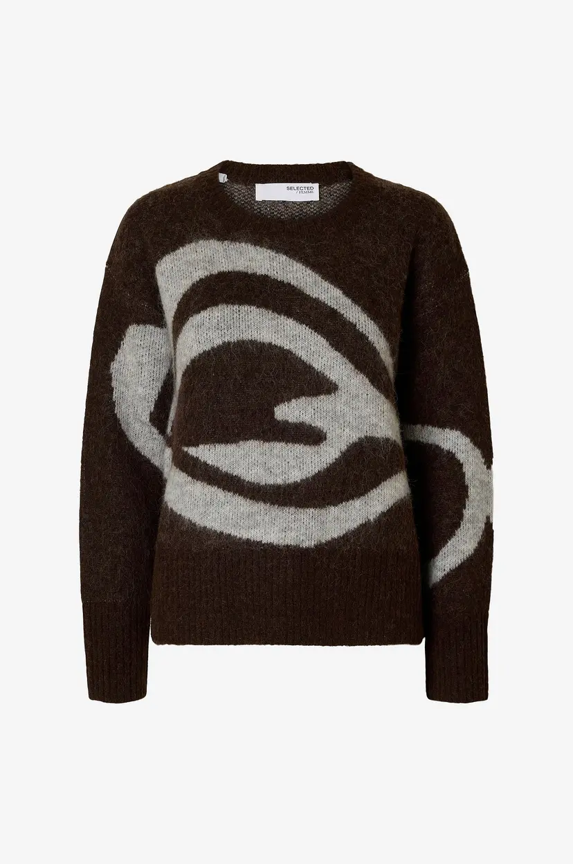 Selected Women Genser slfAlva Swirl LS Knit O-neck - Brun