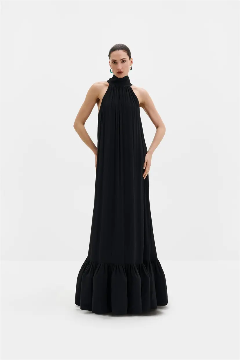 Malina Lykke Halterneck Ruffled Maxi Dress Black - XS