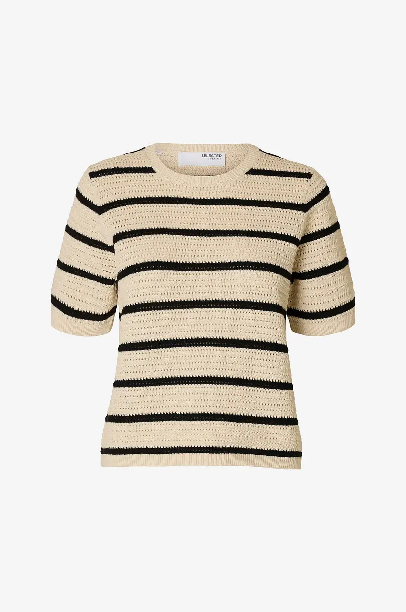 Selected Women Topp slfVinna SS Structure Knit O-neck - Beige