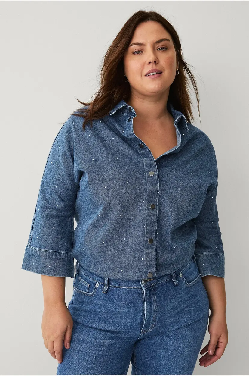 Zizzi Skjorte eLova 3/4 Denim Shirt - Blå