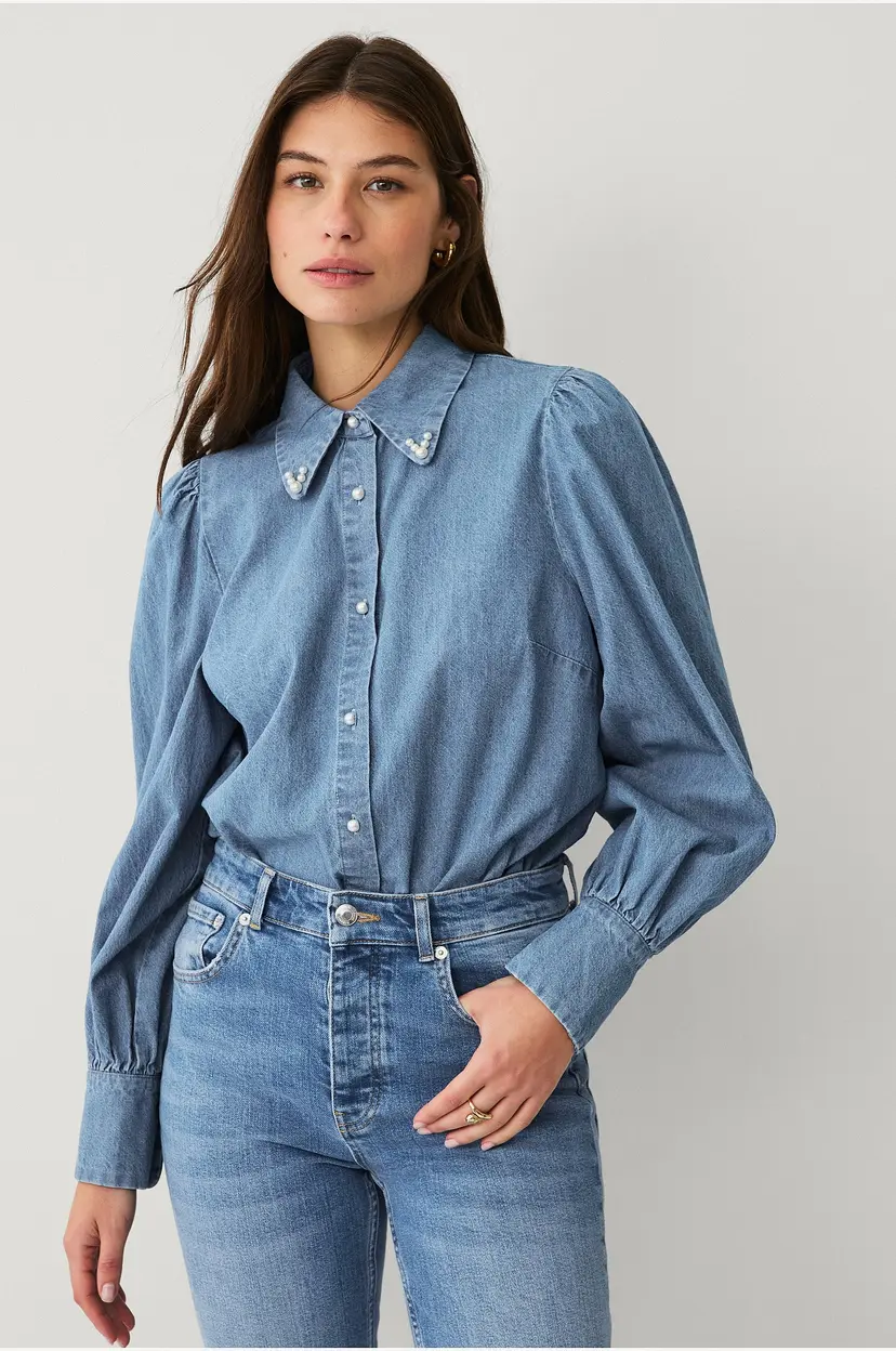 Ellos Collection Denimbluse med perler - Blå