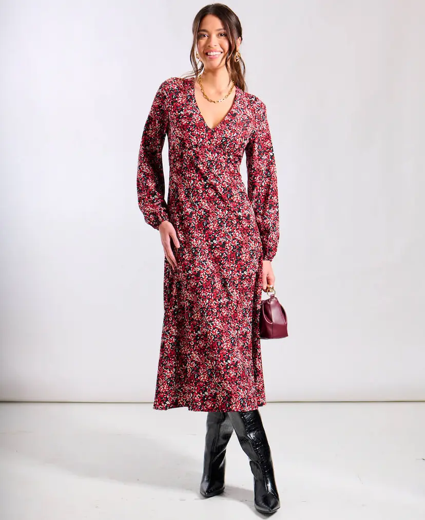 Needs No Label Red Burgundy Floral Long Sleeve Midi Dress