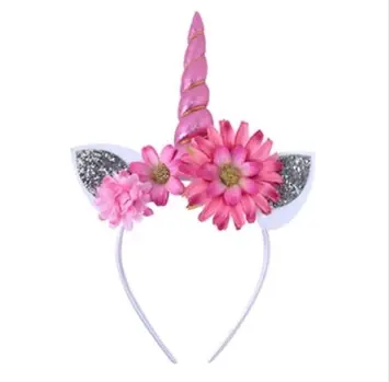 Lili Marleen Enhjørning/unicorn hårbøjle, lyserød med store blomster og sølv øre, deluxe