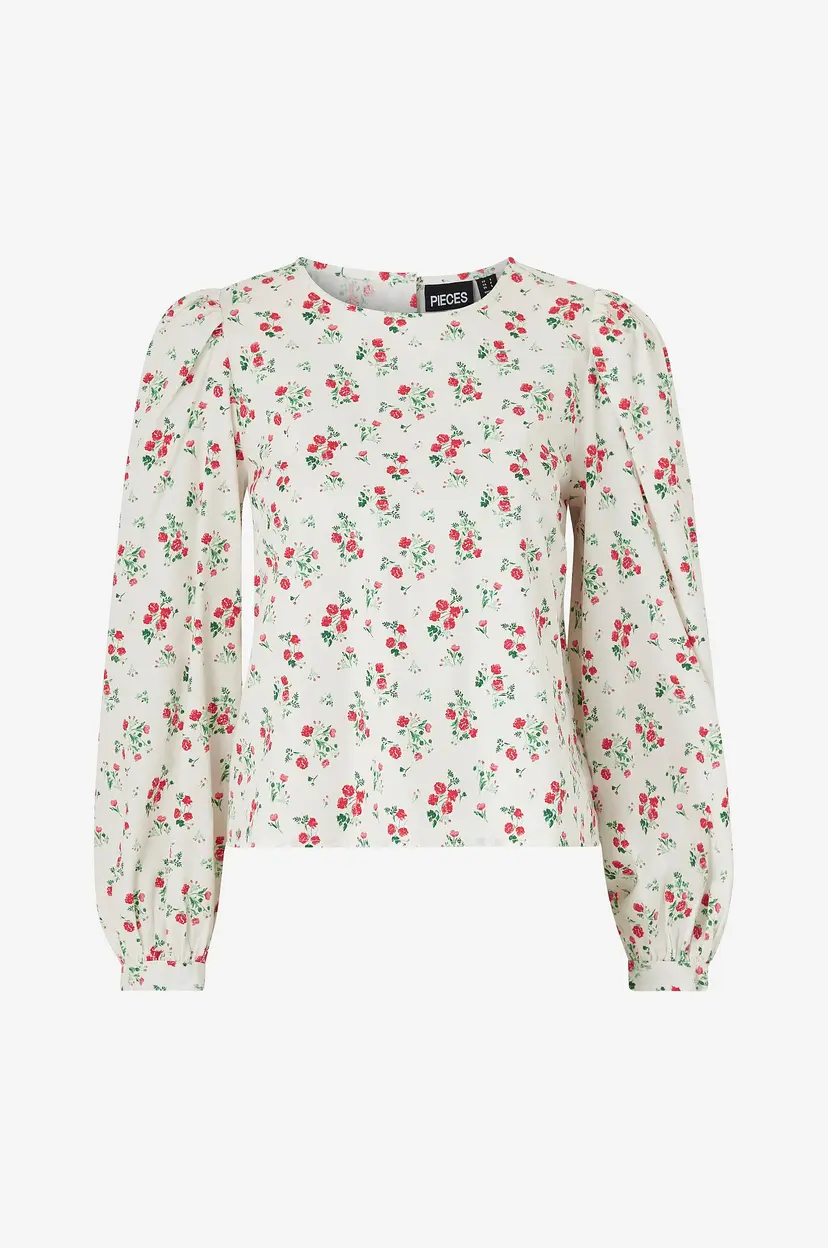 Pieces Bluse pcMinna LS Back Button Top PA - Hvit
