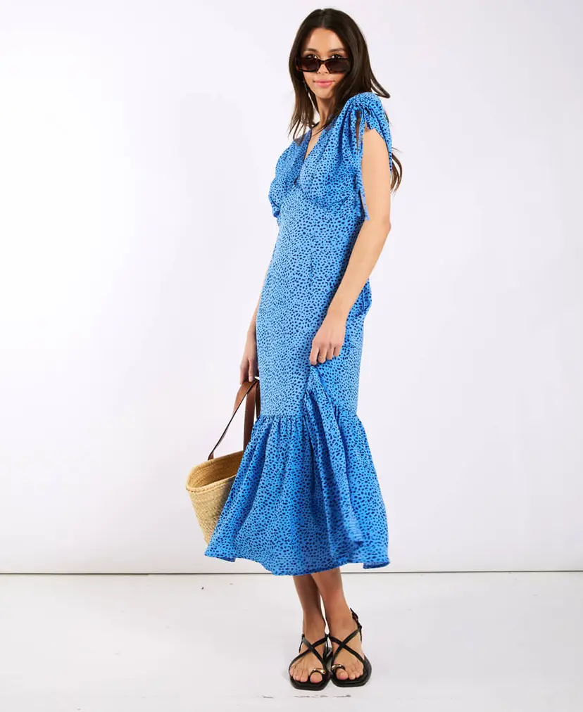 Needs No Label Blue Leopard Ruched Midi Dress