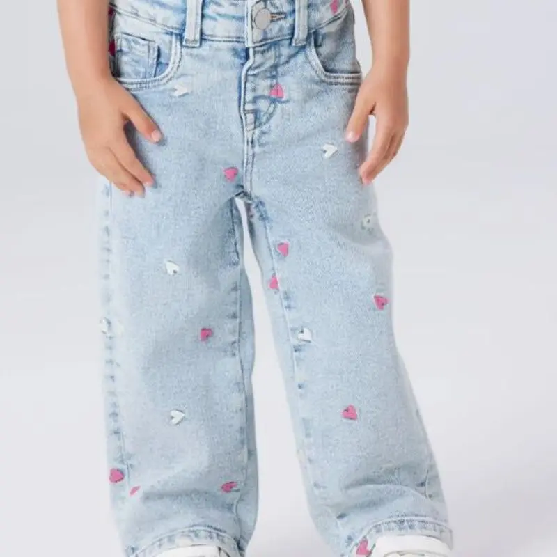 NAME IT Bukse Jeans Wide Rose Heart Light Blue Bleached Denim