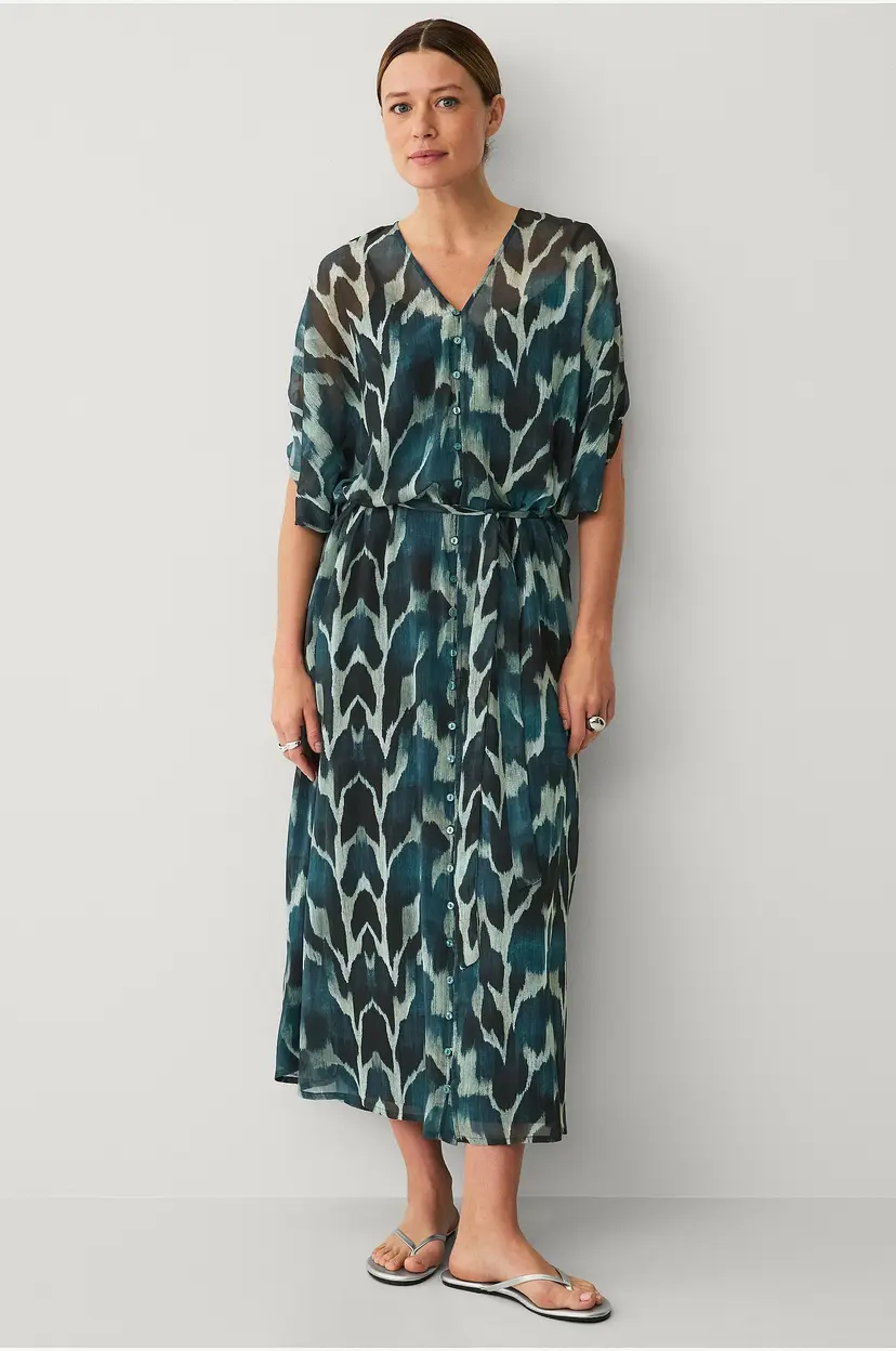 Ellos Collection Kaftan i chiffon med knappelukking og knyteskjerf - Grå