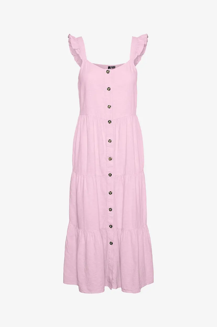 Vero Moda Kjole i lin vmLinn SL Calf Button Dress - Rosa