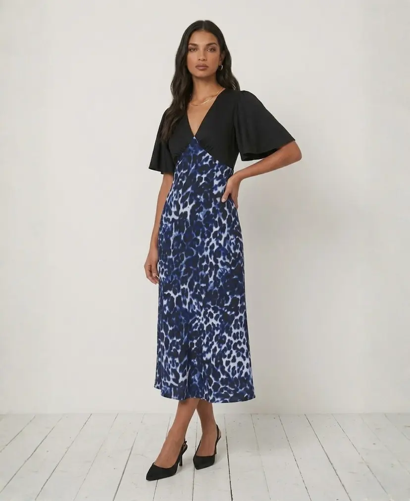 Needs No Label Blue Leopard Printed Satin Midi Dress