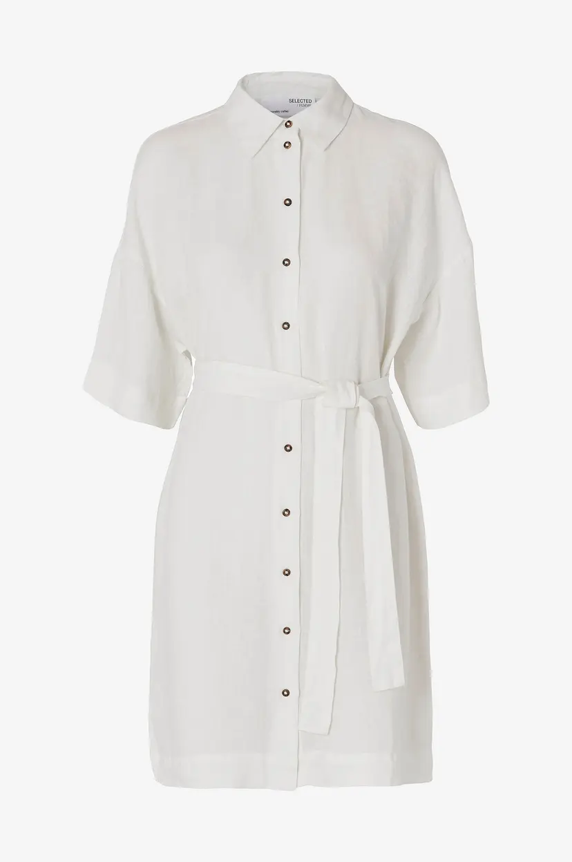 Selected Women Kjole i lin slfLinnie 2/4 Short Linen Shirt Dress - Hvit