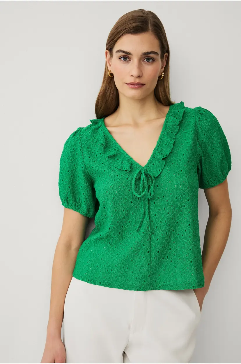 Ellos Collection Hullmønstret jerseybluse - Grønn