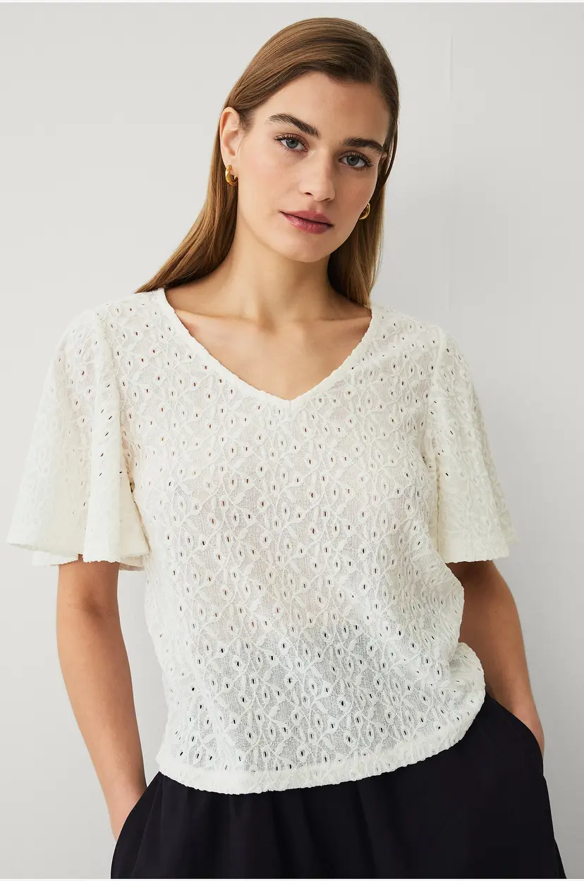 Ellos Collection Jerseybluse med draperte volangermer - Hvit