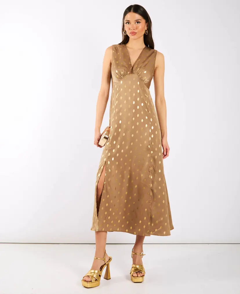 Needs No Label Light Brown Foil Satin Midi Dress